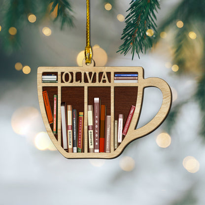 Custom Name Books Coffee Cup 2-Layer Wood Ornament