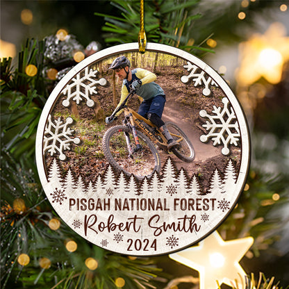 Custom Mountain Biking Photo 2-Layer Wood Ornament