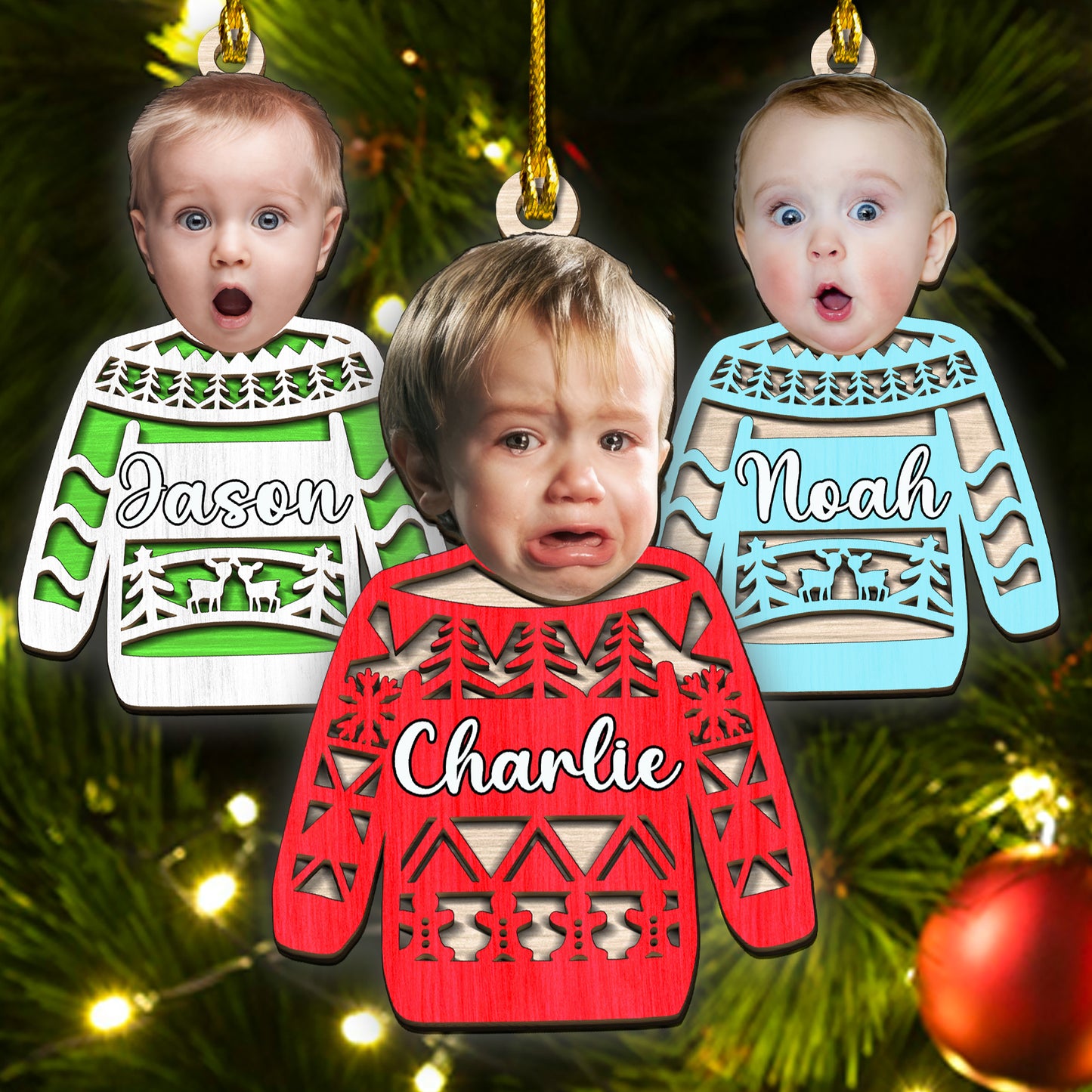 Custom Face Photo Funny Ugly Sweater 2-Layer Wood Ornament