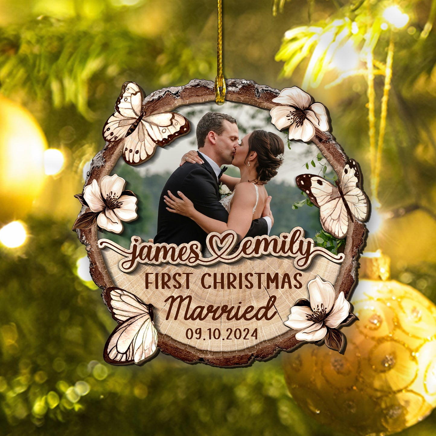 Custom Wedding Photo 2-Layer Wood Slice Ornament