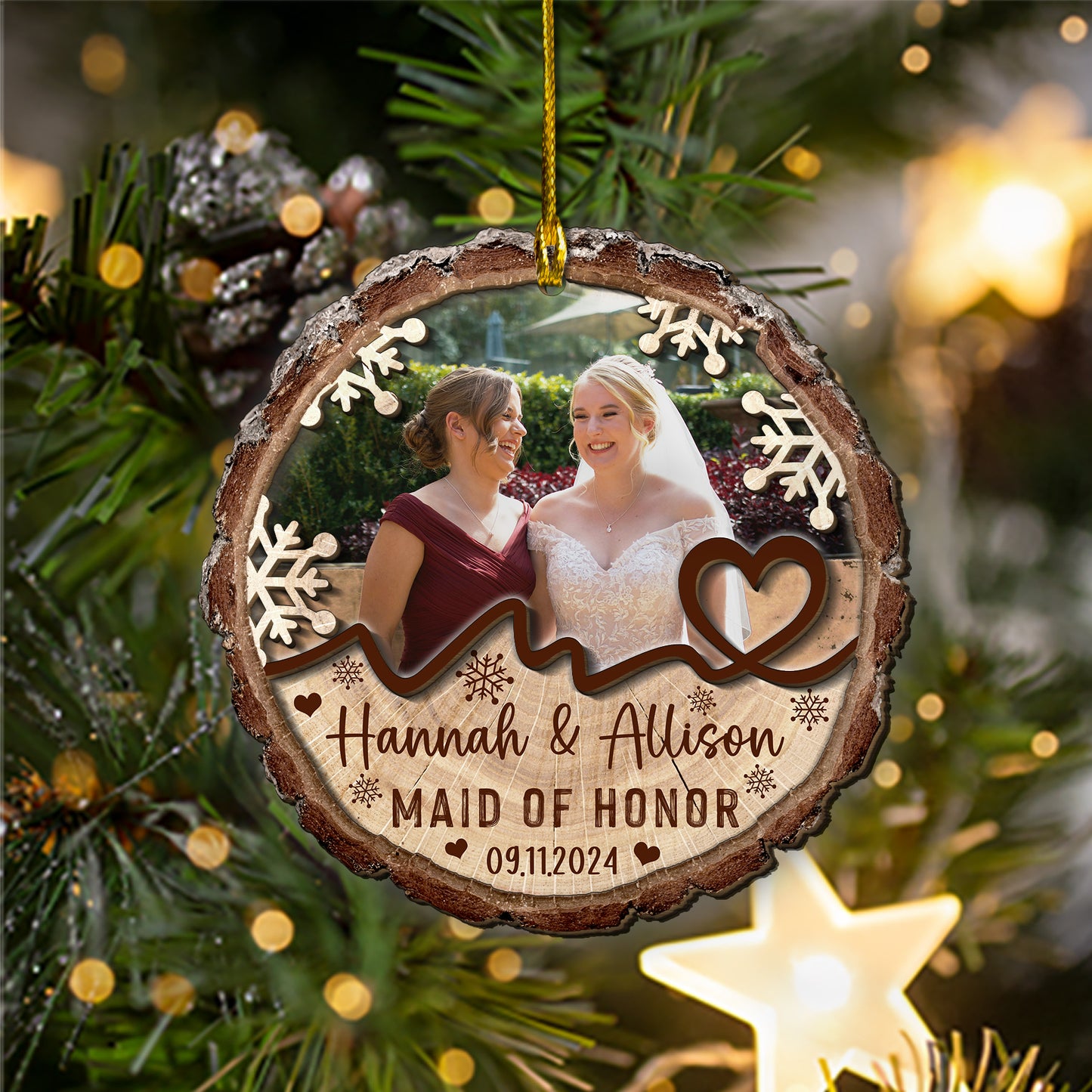 Custom Bridesmaids Photo 2-Layer Wood Ornament