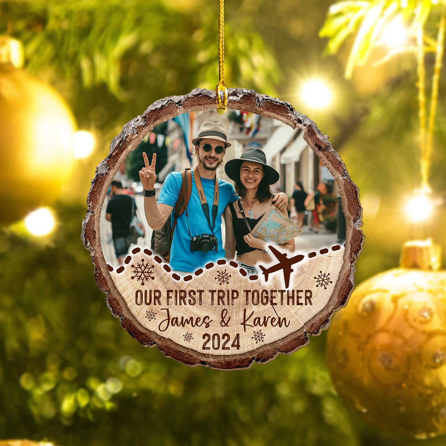 Custom Couple Travel Wood Slice Ornament