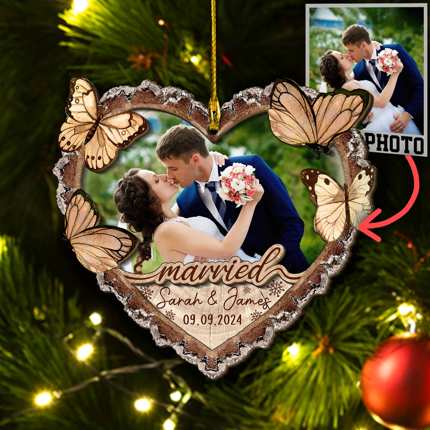 Custom Wedding Photo Heart Shape 2-Layers Wood Slice Ornament