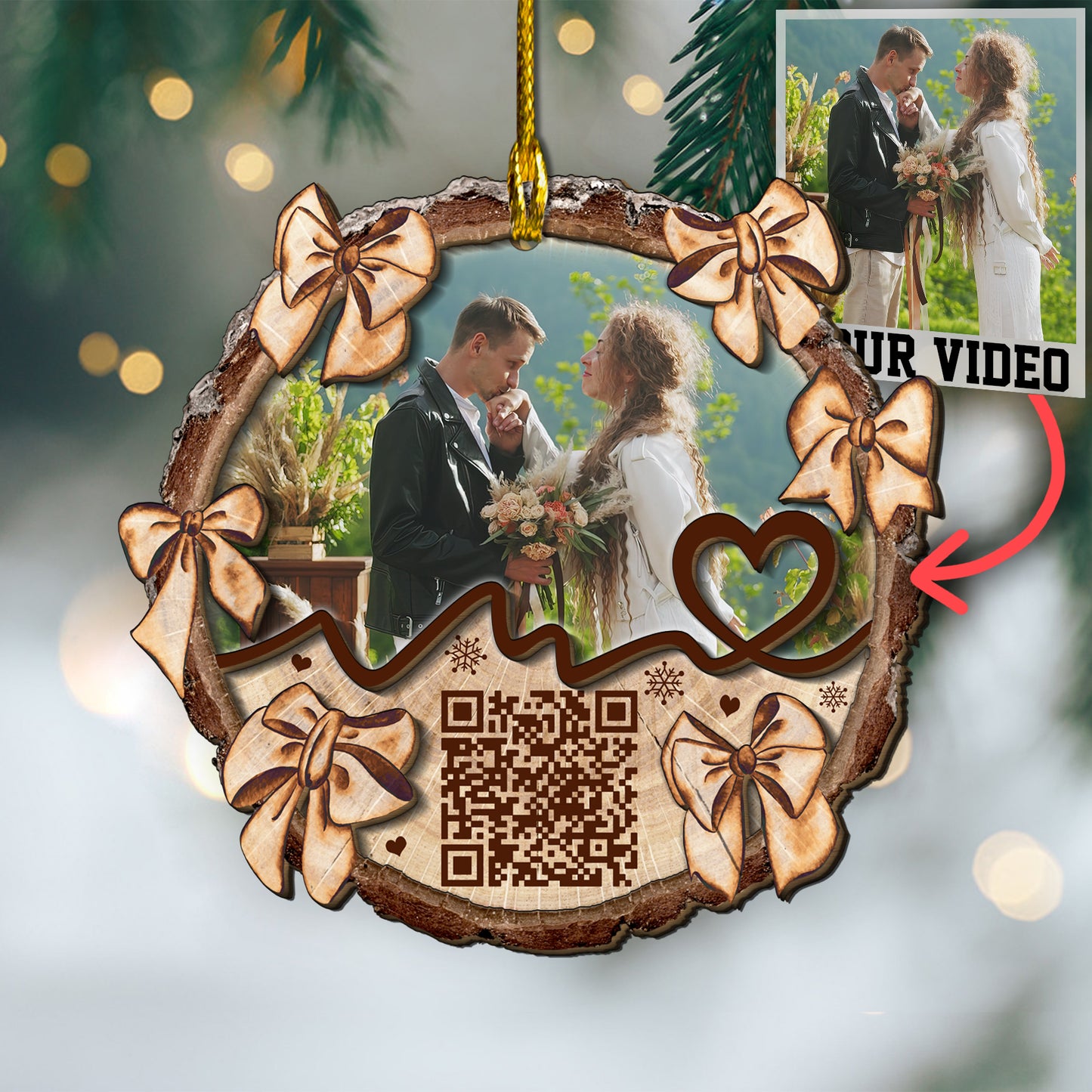 Custom Couple Video QR Code 2-Layer Wood Ornament