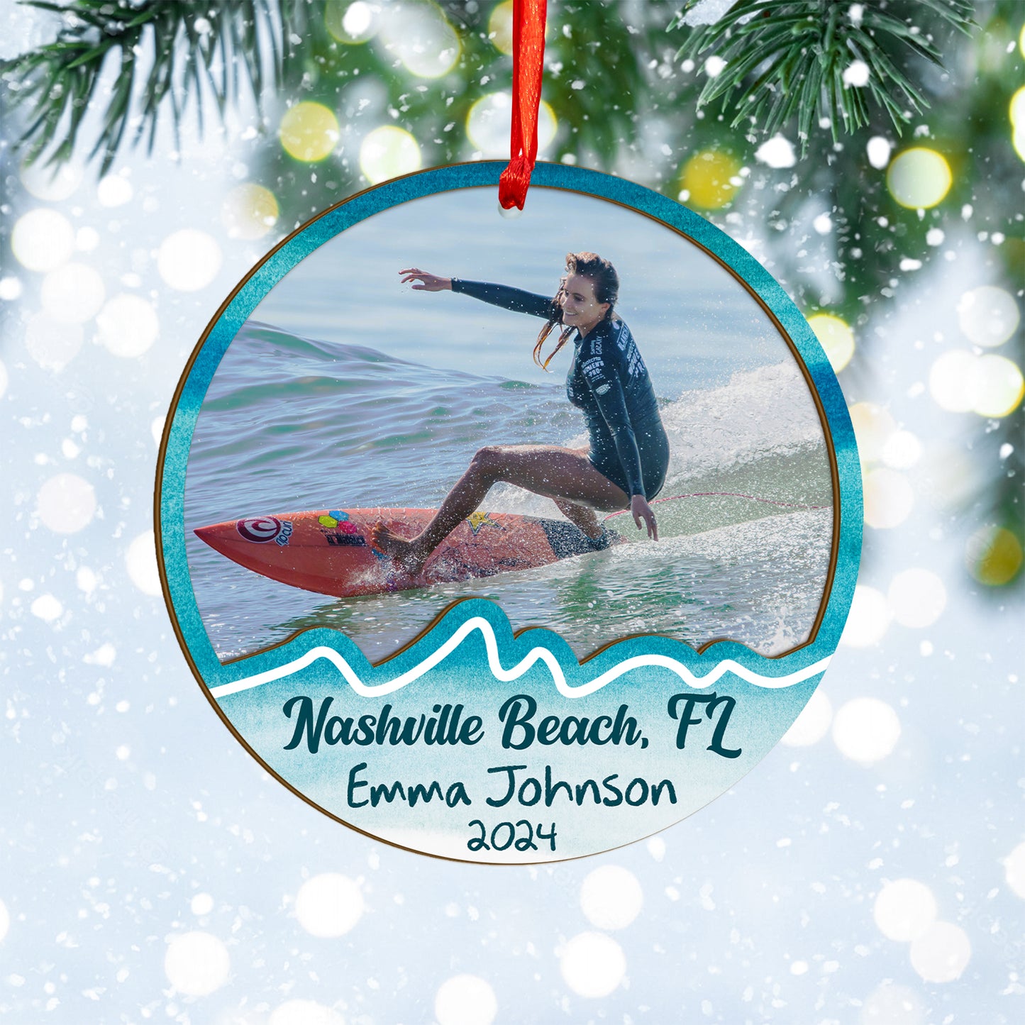 Custom Surfing Photo Wood and Acrylic Ornament