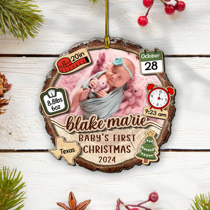 Custom Baby Photo Stats 2-Layer Wood Ornament