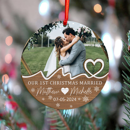 Custom Photo First Christmas Married Wood and Acrylic Ornament