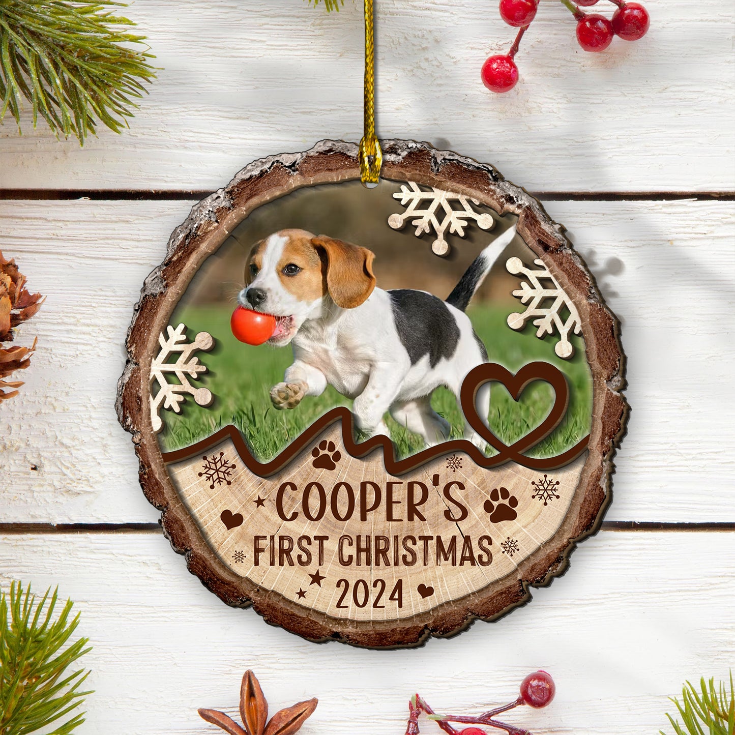 Custom Dog Photo First Christmas 2-Layer Wood Ornament