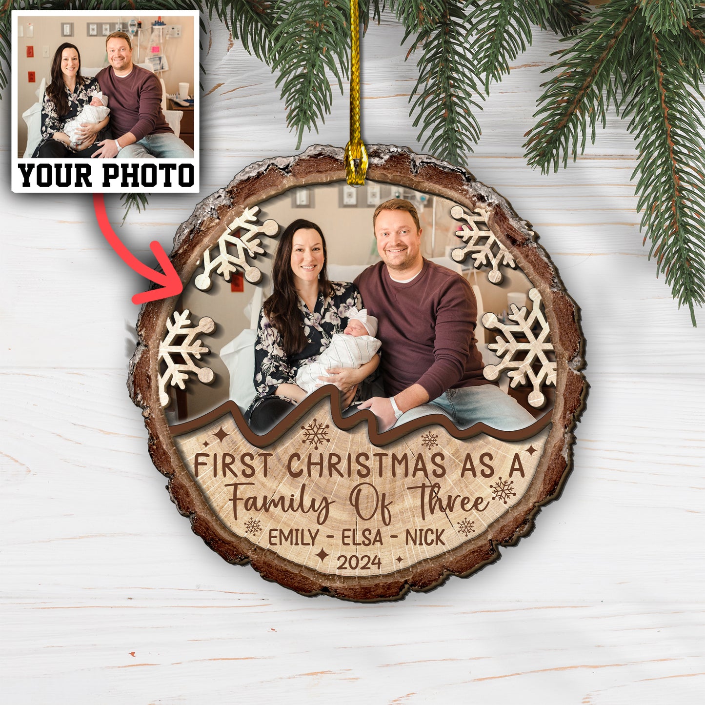 Custom Photo First Christmas As A Family Of Three 2-Layer Wood Ornament