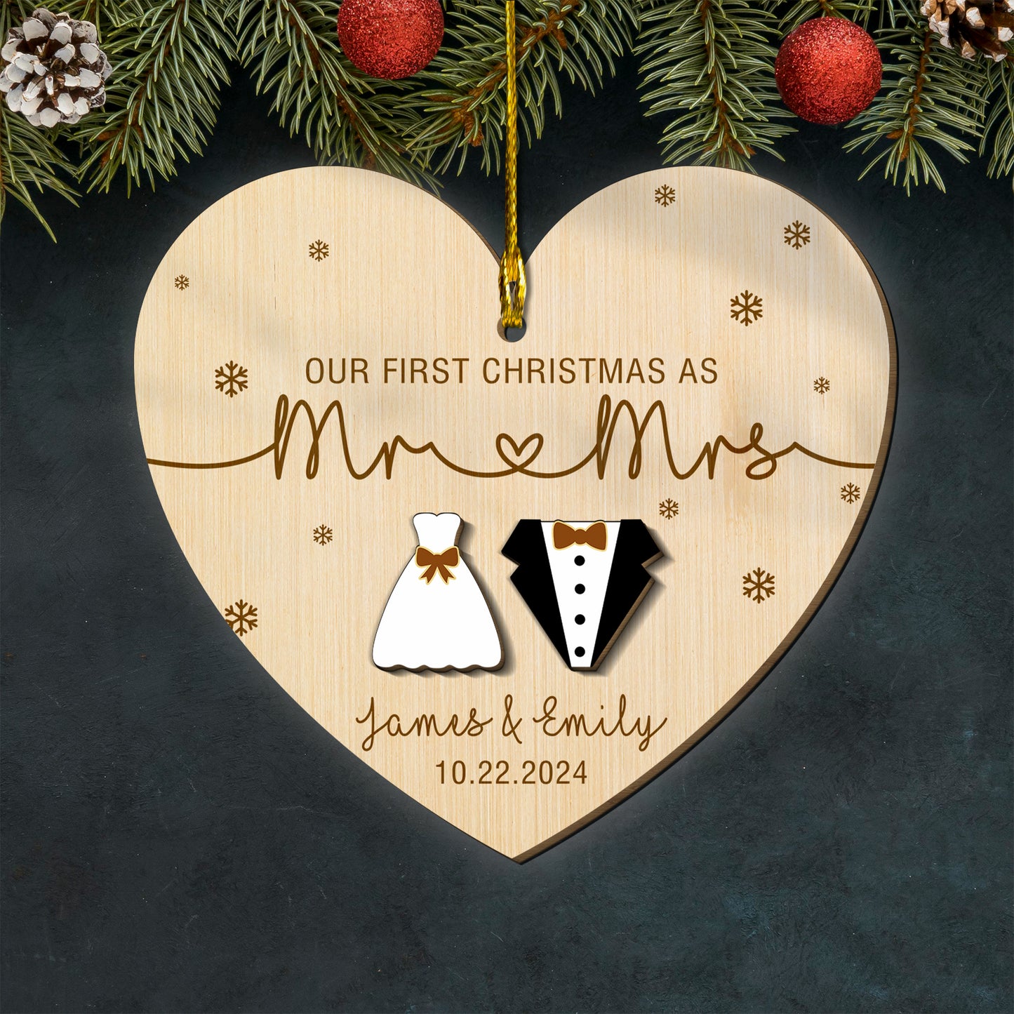 Custom Couple Name Our 1st Christmas As Mr And Mrs 2 Layers Wood Ornament