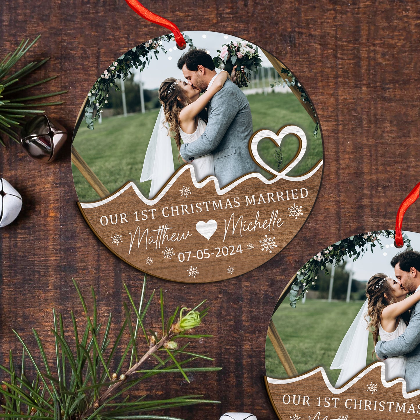 Custom Photo First Christmas Married Wood and Acrylic Ornament