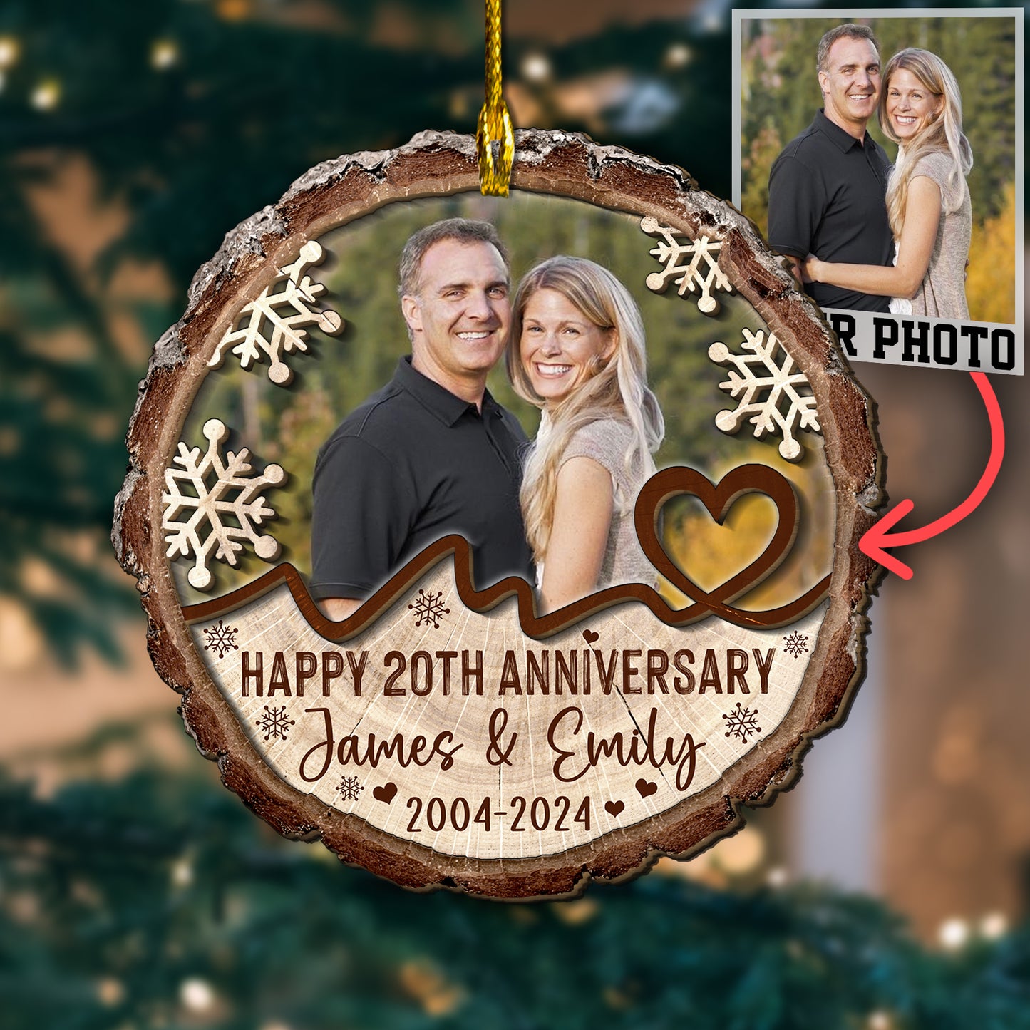 Custom Photo Couple Anniversary 2-Layer Wood Slice Ornament