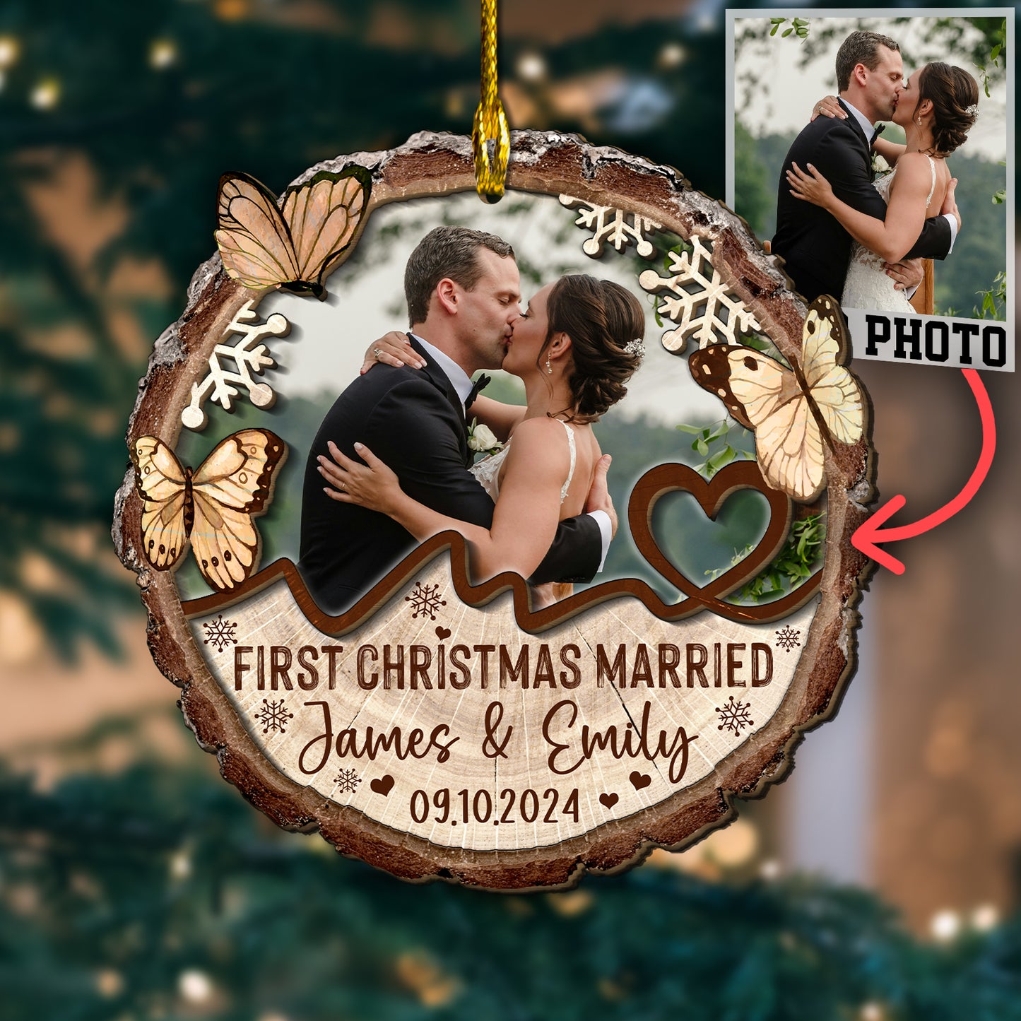 Custom Wedding Photo 2-Layer Wood Ornament