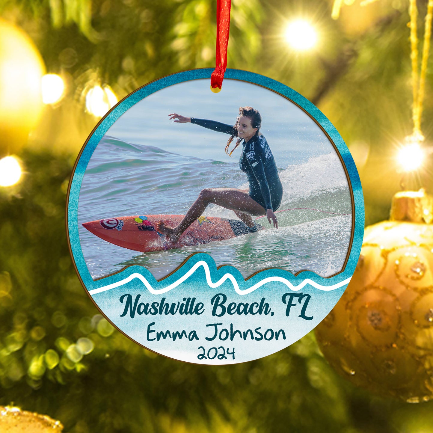 Custom Surfing Photo Wood and Acrylic Ornament