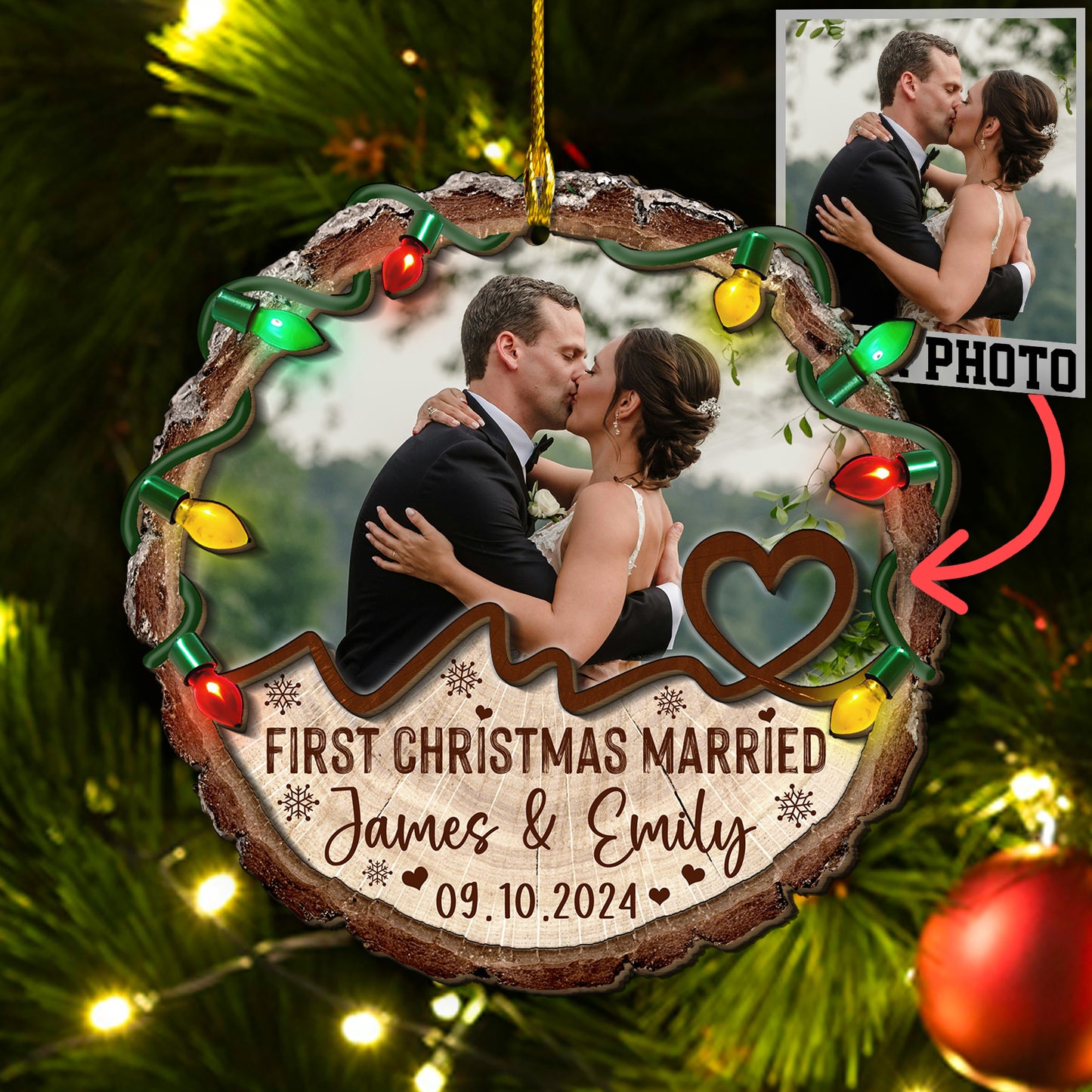 Custom Wedding Photo 2-Layer Wood Slice Ornament