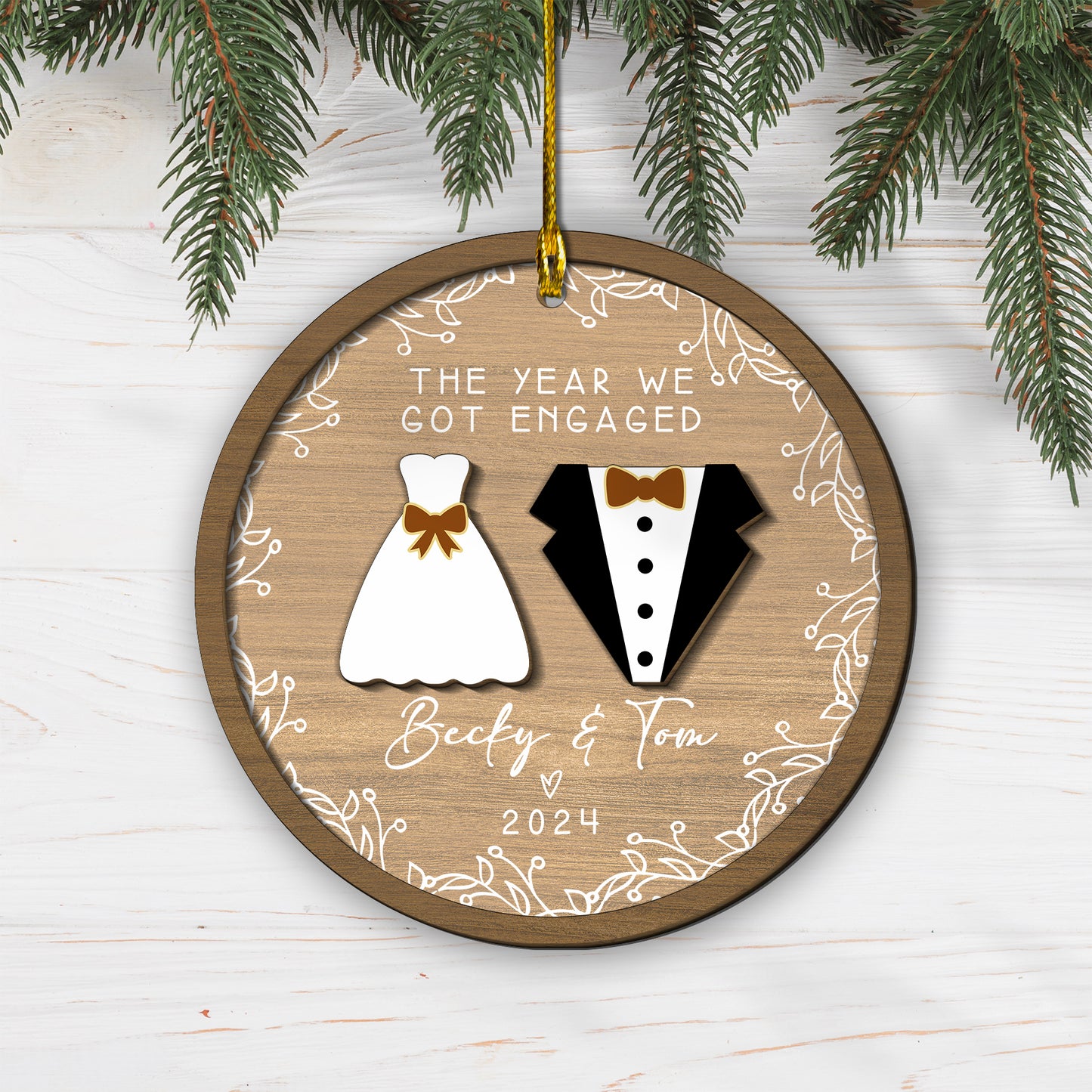 Custom Engaged Couple 2-Layers Wood Ornament