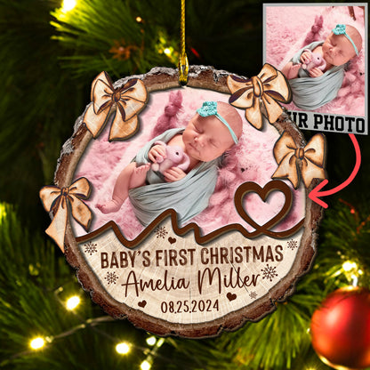 Custom Baby Photo Tie Bow 2-Layer Wood Ornament