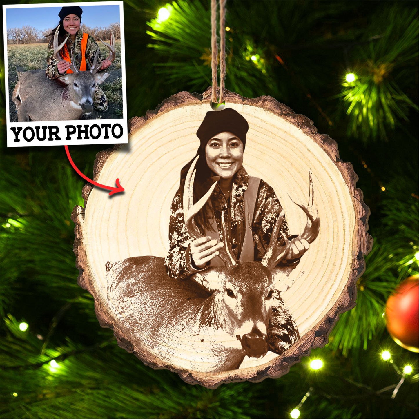 Custom Photo Sketch Hunting Wood Slice Ornament