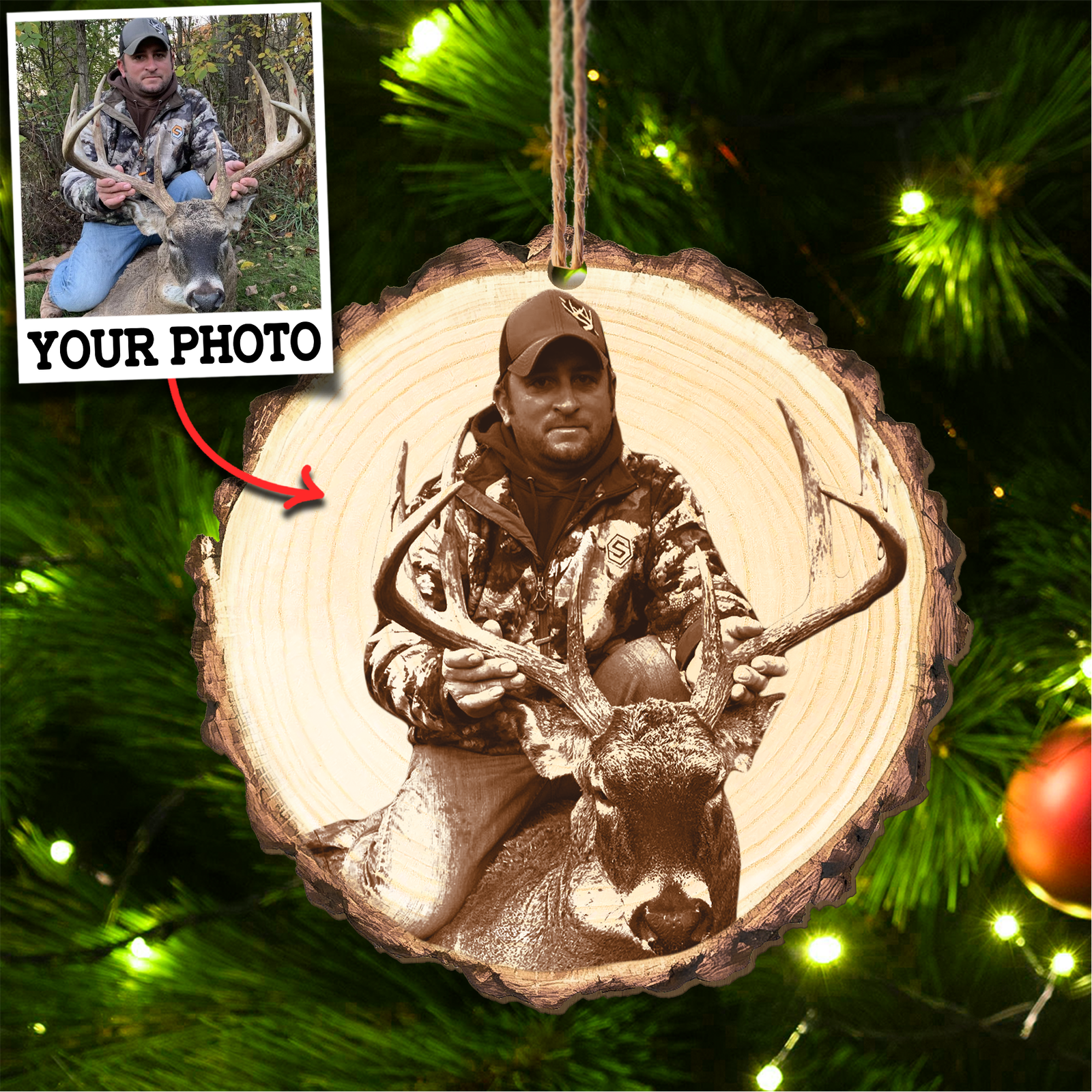 Custom Photo Sketch Hunting Wood Slice Ornament