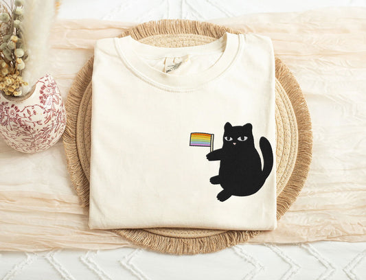 Embroidered Black Cat LGBT Flag Shirt