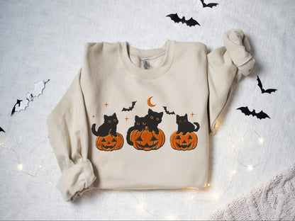 Embroidered Black Cat Pumpkin Halloween Shirt