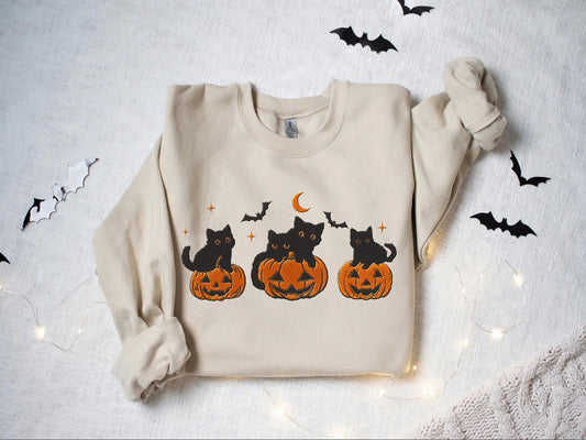 Embroidered Black Cat Pumpkin Halloween Shirt