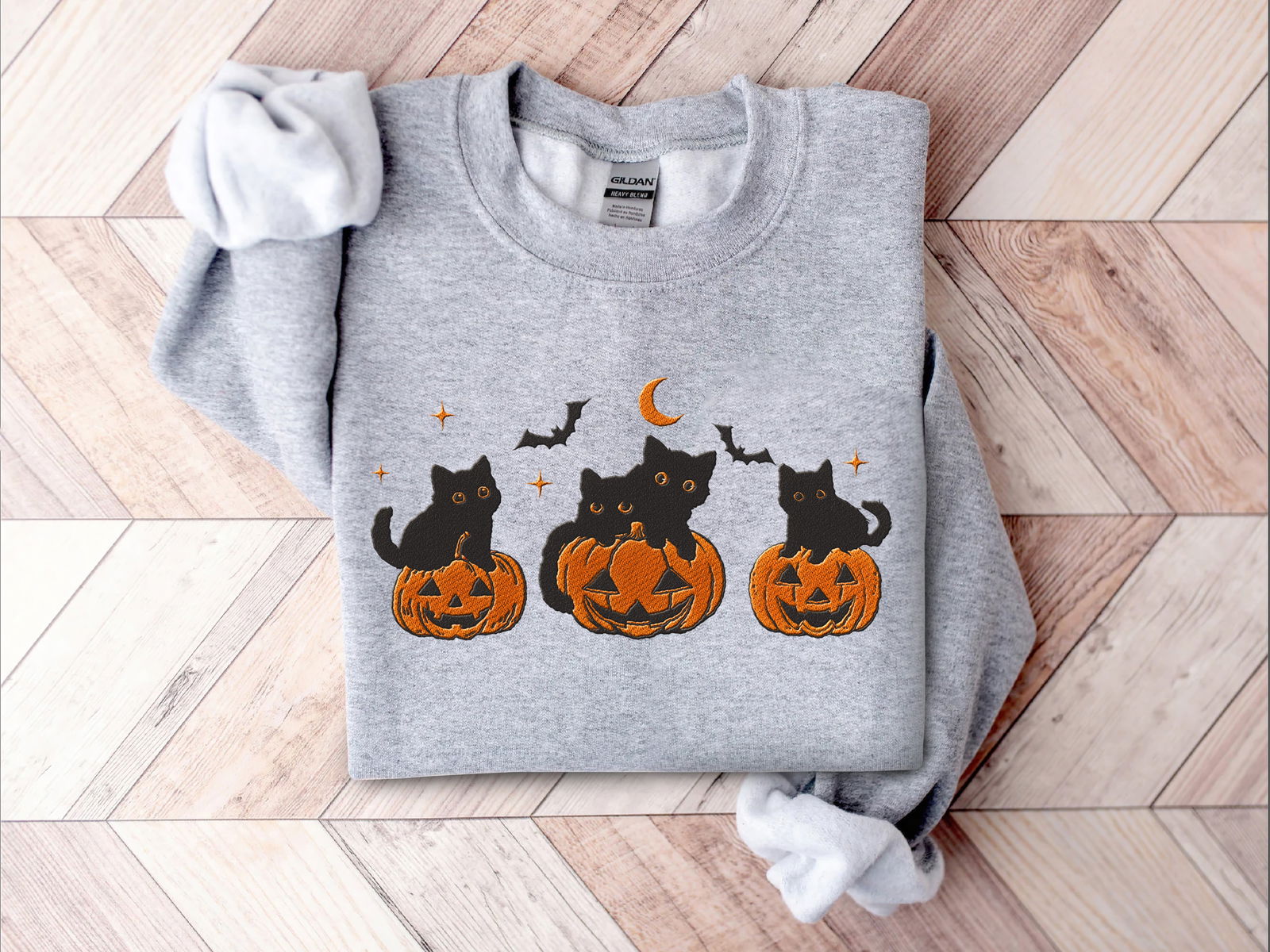 Embroidered Black Cat Pumpkin Halloween Shirt