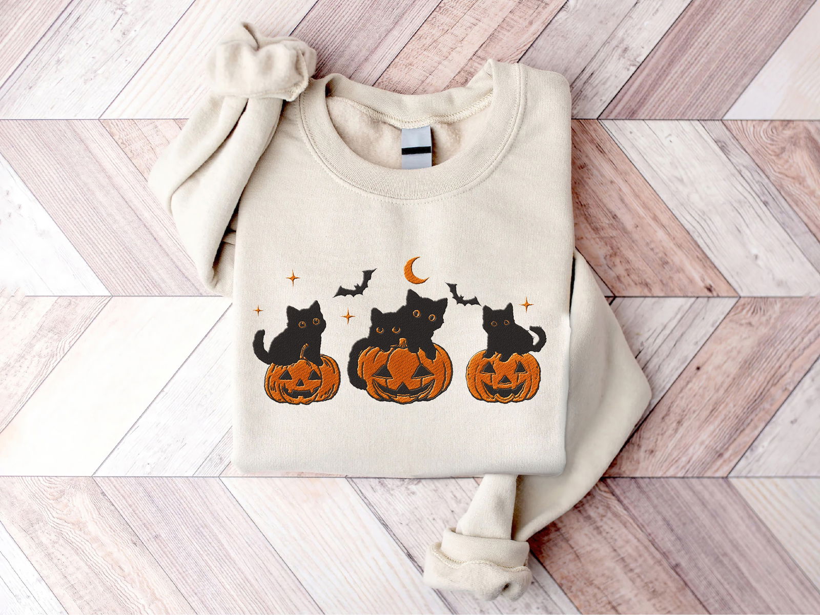 Embroidered Black Cat Pumpkin Halloween Shirt