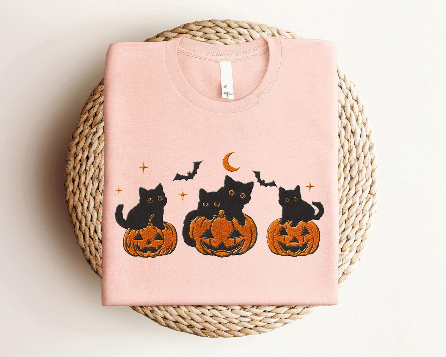 Embroidered Black Cat Pumpkin Halloween Shirt