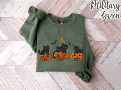 Embroidered Black Cat Pumpkin Halloween Shirt