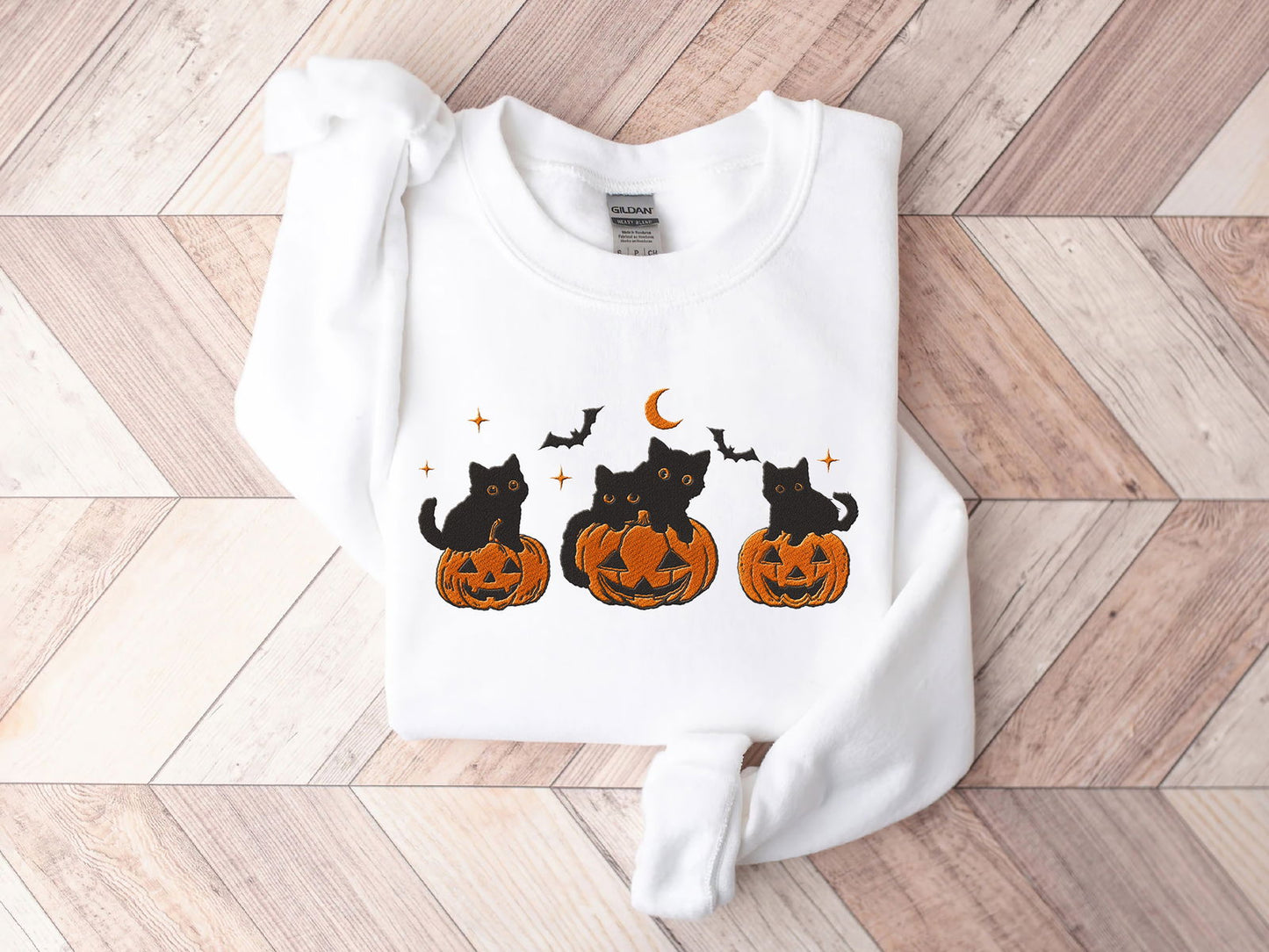 Embroidered Black Cat Pumpkin Halloween Shirt