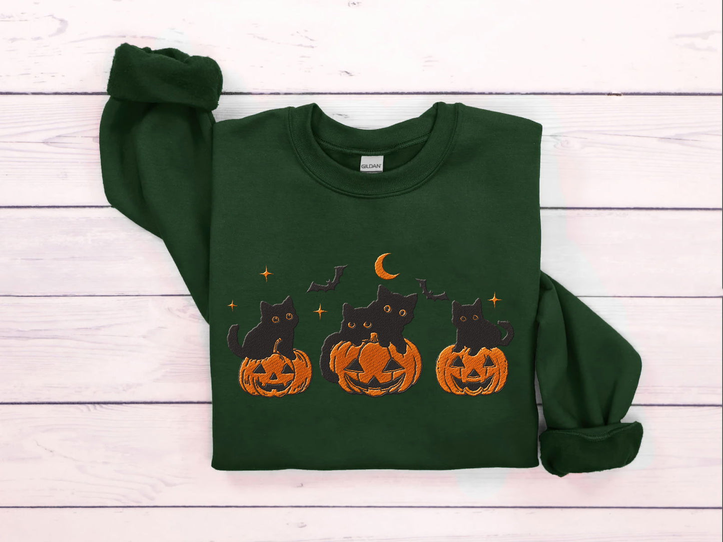 Embroidered Black Cat Pumpkin Halloween Shirt