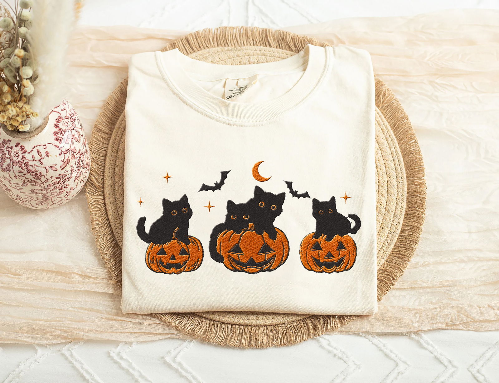 Embroidered Black Cat Pumpkin Halloween Shirt