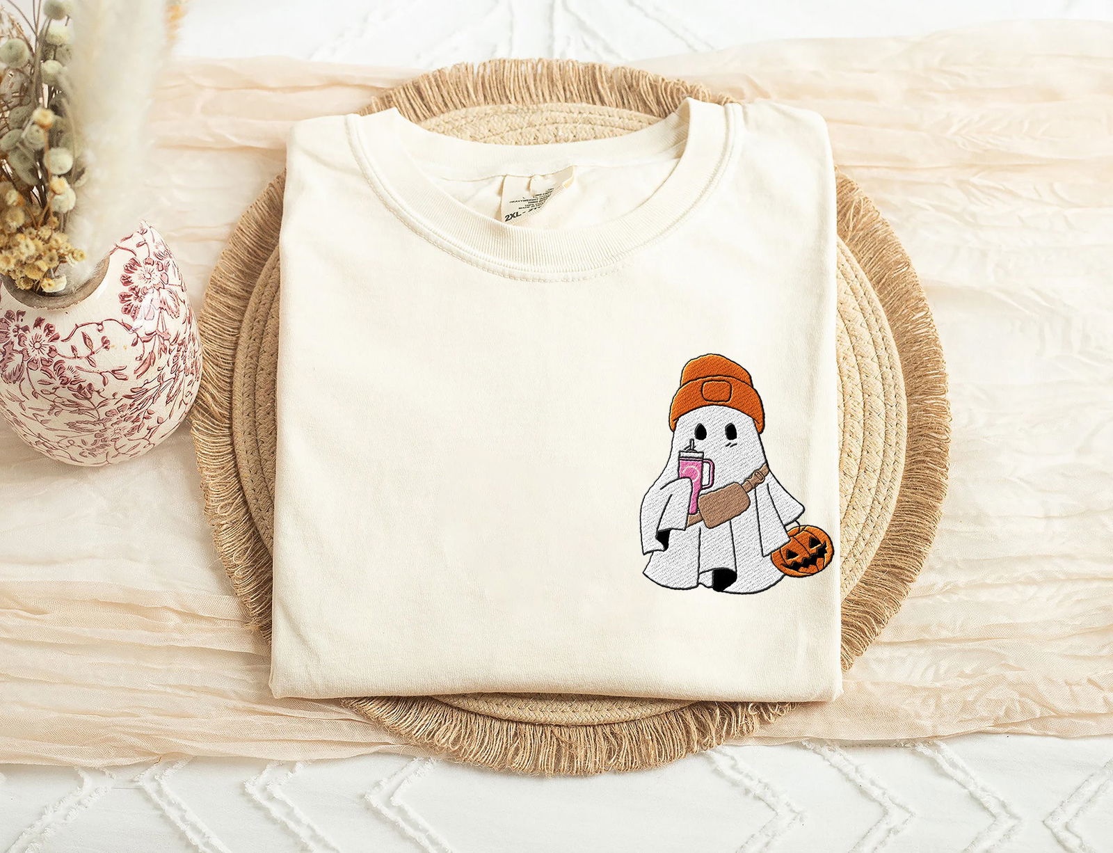 Embroidered Coffee Ghost Halloween Shirt