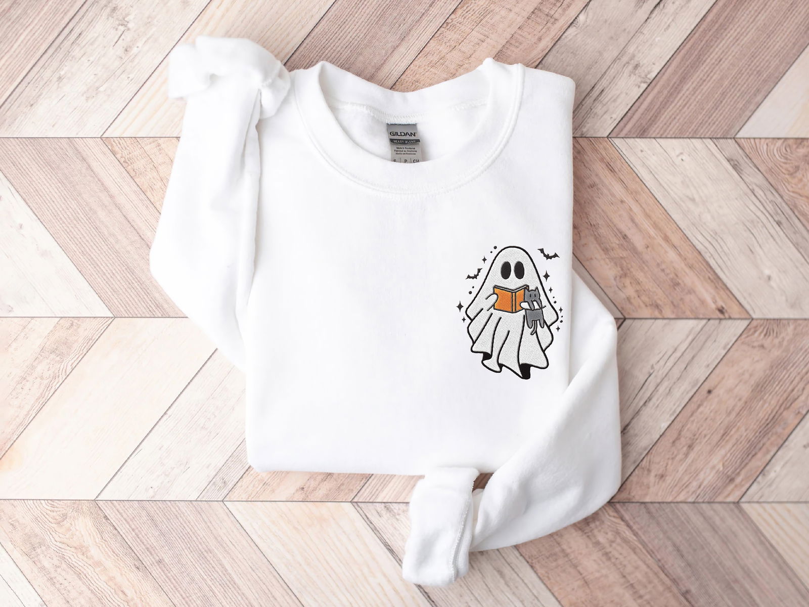 Embroidered Cute Ghost Reading Book Shirt