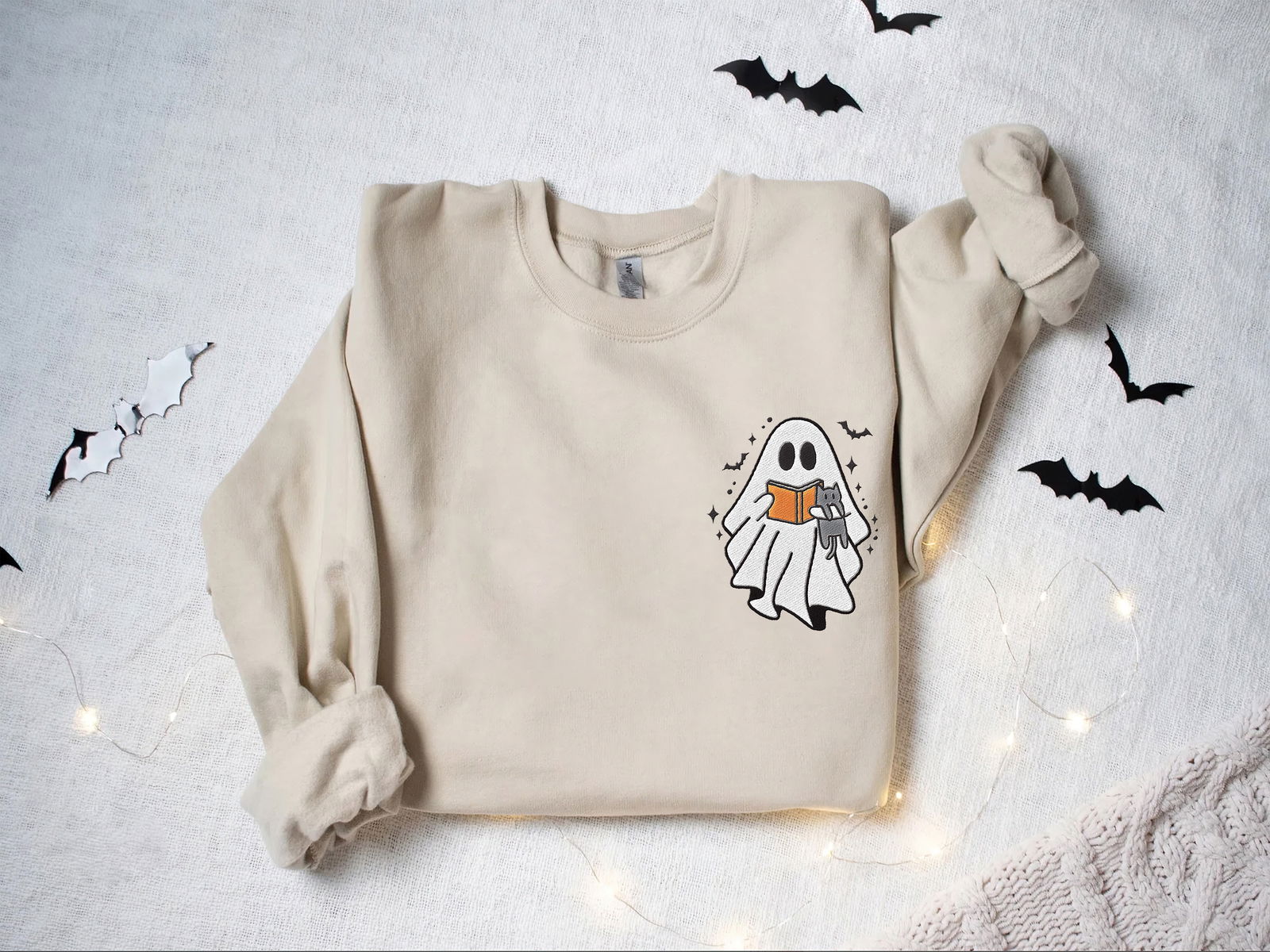 Embroidered Cute Ghost Reading Book Shirt