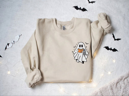 Embroidered Cute Ghost Reading Book Shirt