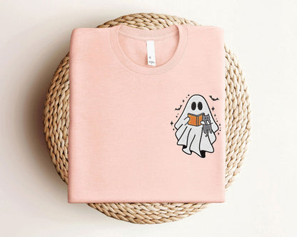 Embroidered Cute Ghost Reading Book Shirt