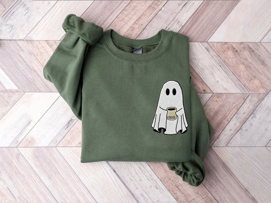 Embroidered Ghost Coffee Halloween Shirt