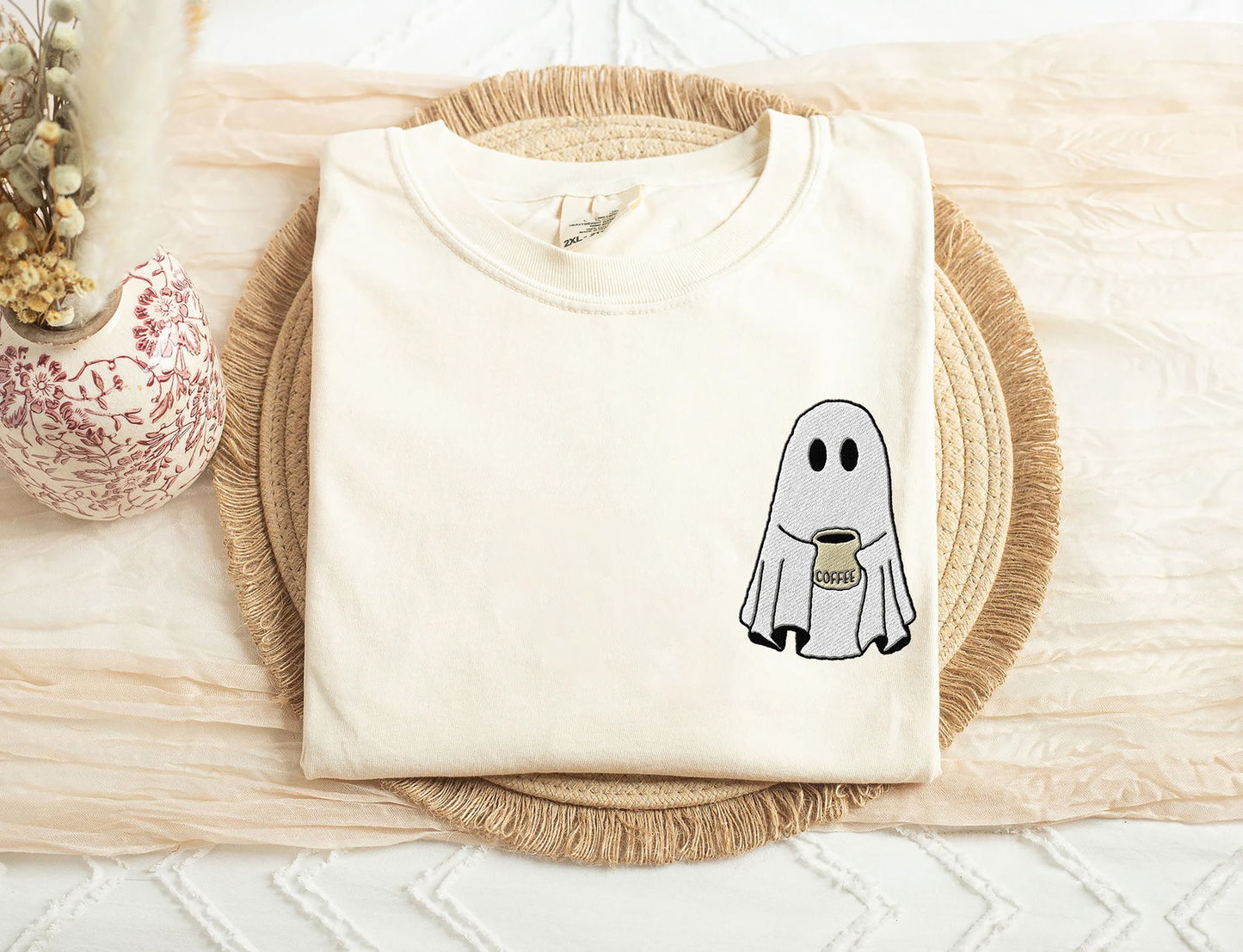 Embroidered Ghost Coffee Halloween Shirt