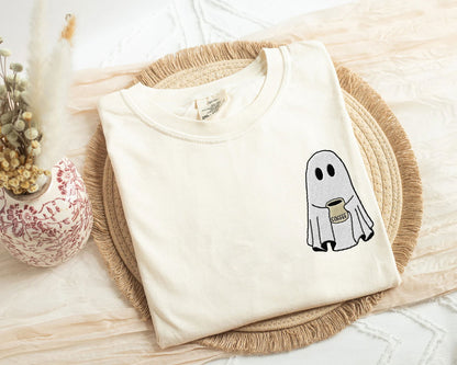 Embroidered Ghost Coffee Halloween Shirt