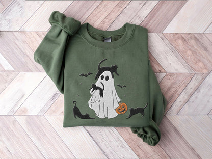 Embroidered Halloween Ghost With Cats Shirt