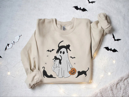 Embroidered Halloween Ghost With Cats Shirt