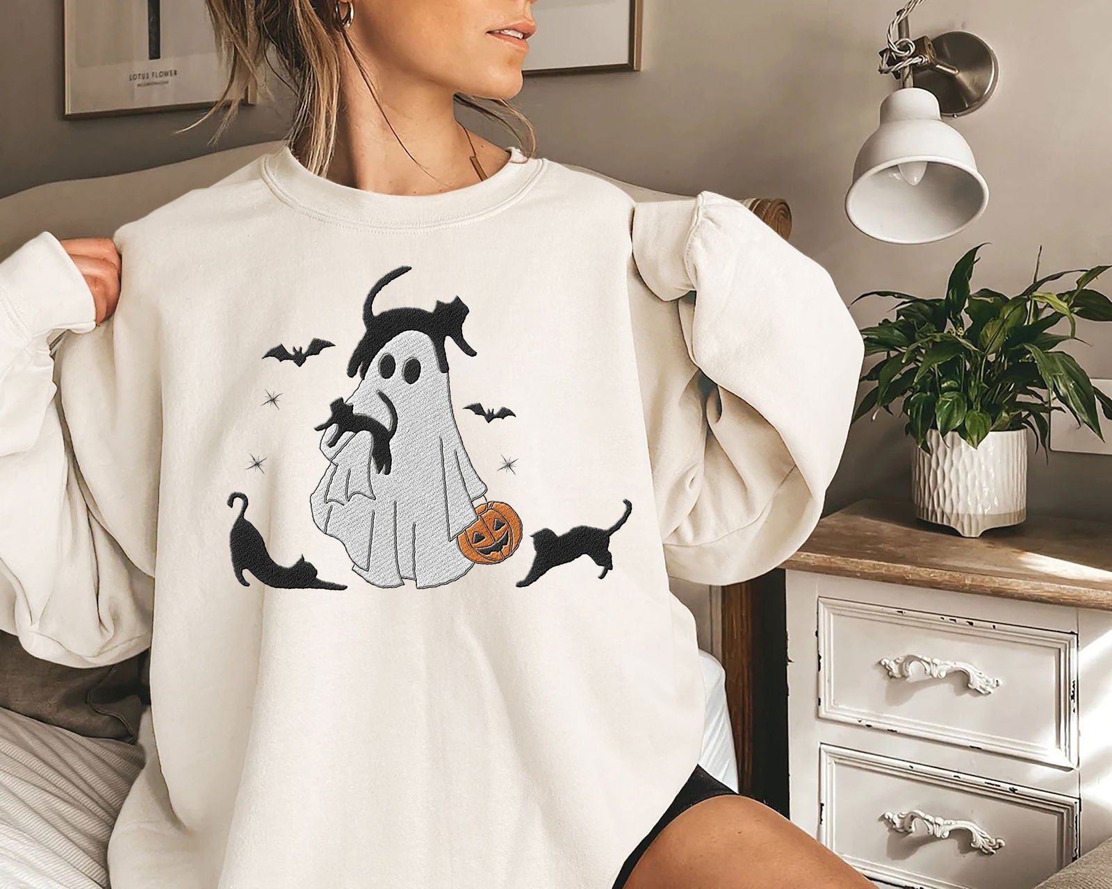 Embroidered Halloween Ghost With Cats Shirt