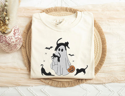 Embroidered Halloween Ghost With Cats Shirt