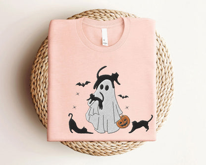 Embroidered Halloween Ghost With Cats Shirt