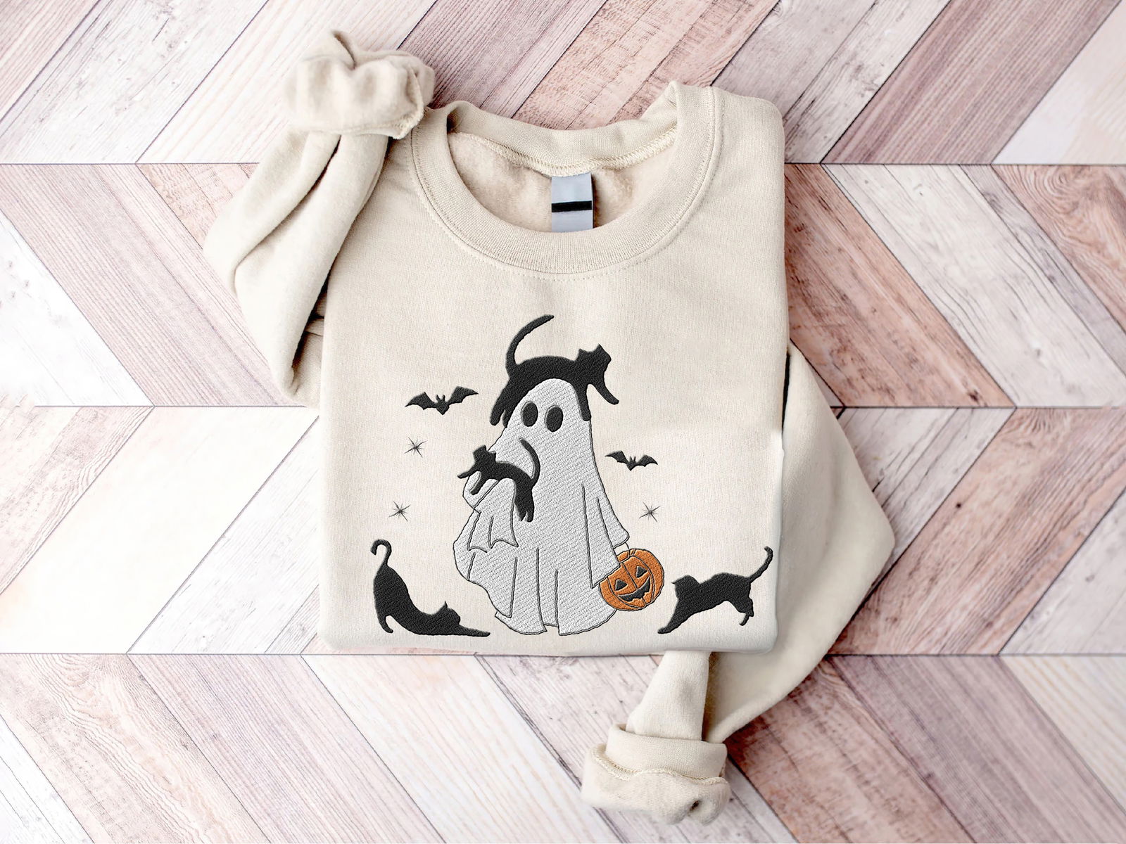 Embroidered Halloween Ghost With Cats Shirt