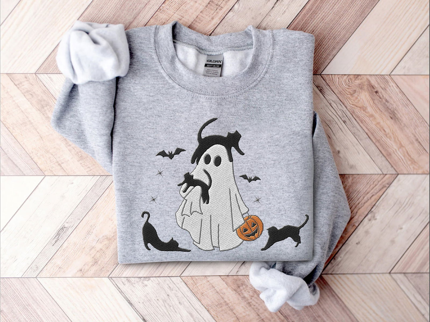 Embroidered Halloween Ghost With Cats Shirt