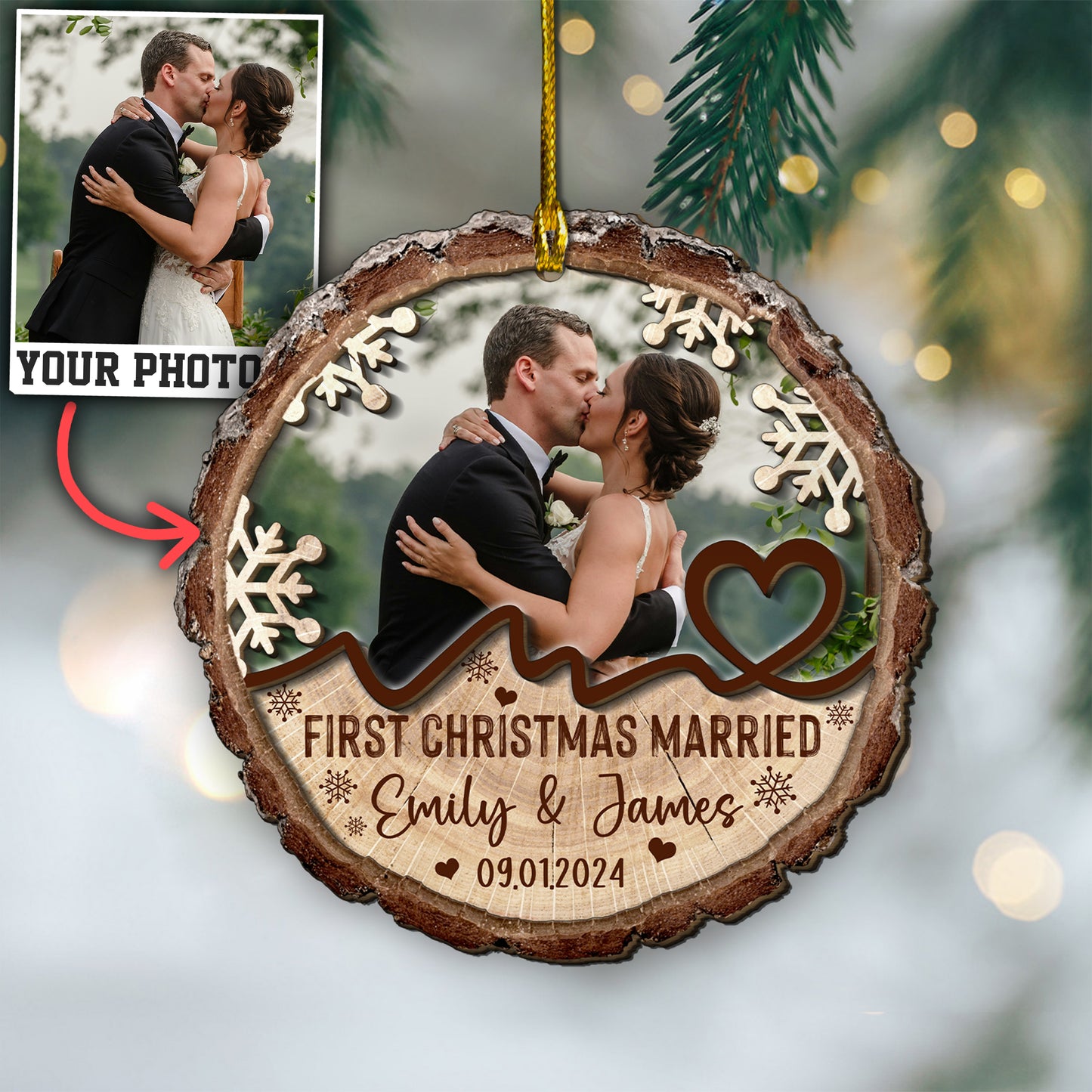 Custom Wedding Photo 2 Layers Wood Ornament