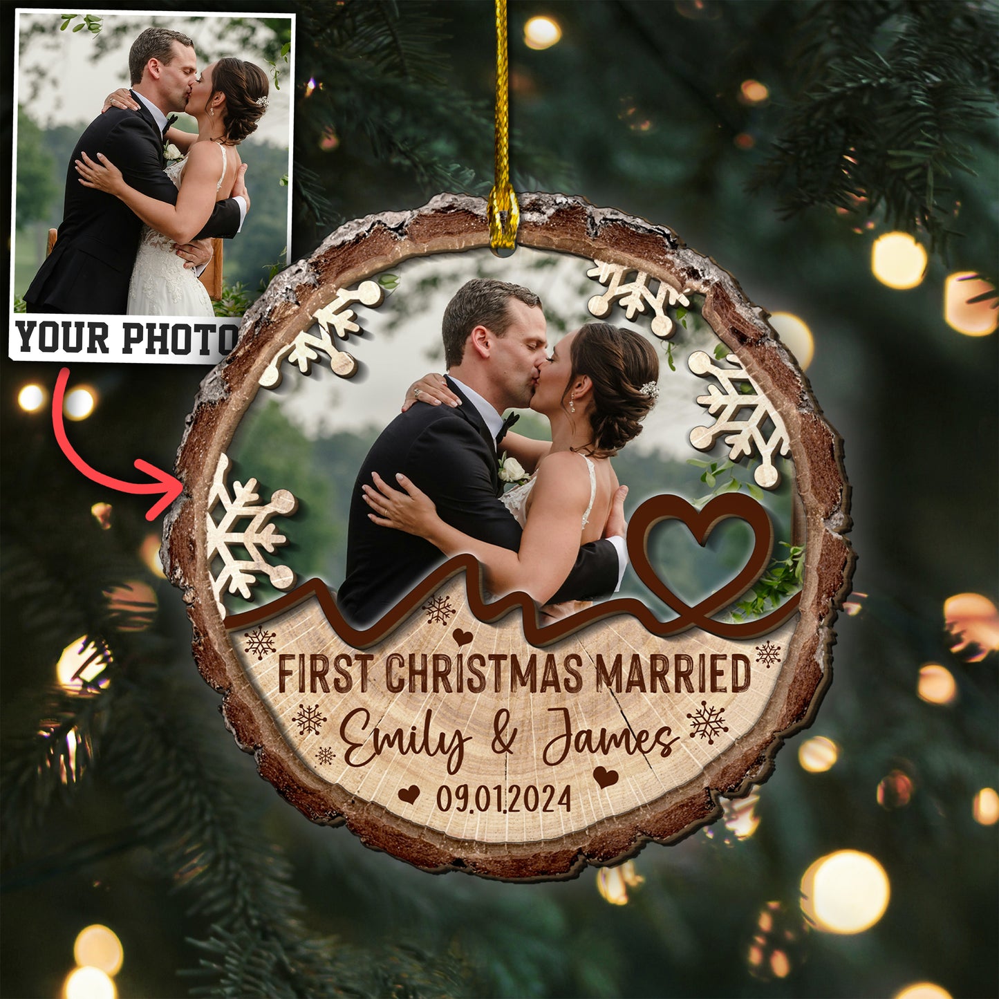 Custom Wedding Photo 2 Layers Wood Ornament